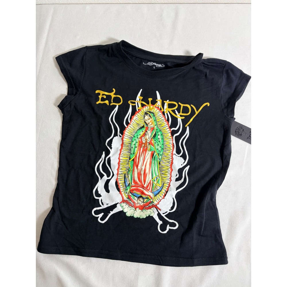 Ed Hardy Graphic Tee Large Black NEW Virgin Mary Guadalupe Tattoo Y2K Slim Fit